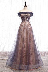Charming A-Line Tulle Long Off Shoulder Party Dress, Semi Formal Prom Dress