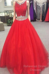 Charming Beaded Red Semi Formal Prom Dress, Long Semi Formal Prom Dresses, Sexy Red Tulle Evening Dress