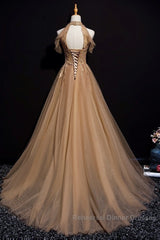 Charming Champagne Tulle Halter Long Party Gown, Semi Formal Prom Dress