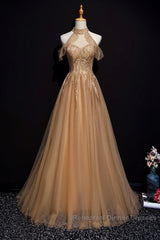 Charming Champagne Tulle Halter Long Party Gown, Semi Formal Prom Dress