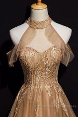 Charming Champagne Tulle Halter Long Party Gown, Semi Formal Prom Dress