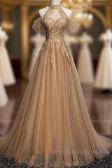 Charming Champagne Tulle Halter Long Party Gown, Semi Formal Prom Dress