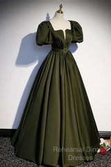 Charming Dark Green Puffy Sleeves Long Evening Gown, Satin Floor Length Semi Formal Prom Dress