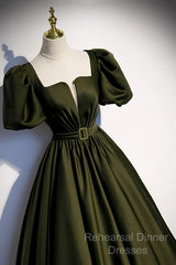 Charming Dark Green Puffy Sleeves Long Evening Gown, Satin Floor Length Semi Formal Prom Dress