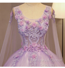 Charming Lavender Tulle Flowers Long Semi Formal Prom Dress, Sweet 16 Gowns