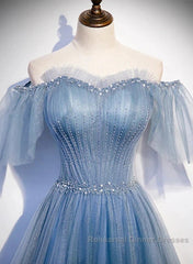 Charming Light Blue Tulle Puffy Sleeves Floor Length Party Dress A-Line Pricess Gowns Semi Formal Prom Dress Sparkly