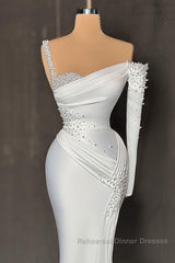 Charming Long Satin One-Shoulder Mermaid Evening Semi Formal Prom Dresses With Beading