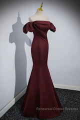 Charming Maroon Satin Mermaid Off Shoulder Semi Formal Prom Dress, Maroon Party Dress