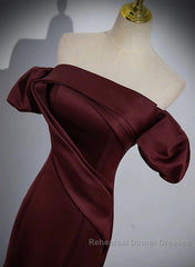 Charming Maroon Satin Mermaid Off Shoulder Semi Formal Prom Dress, Maroon Party Dress