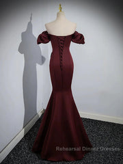 Charming Maroon Satin Mermaid Off Shoulder Semi Formal Prom Dress, Maroon Party Dress