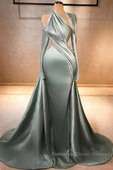 Charming Mermaid Irregular Collar Satin Rhinestone Halter Ruffled Long Semi Formal Prom Dress Formal Evening Gown