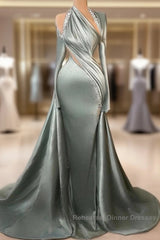 Charming Mermaid Irregular Collar Satin Rhinestone Halter Ruffled Long Semi Formal Prom Dress Formal Evening Gown