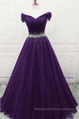 Charming Sequins Off Shoulder Dark Purple Long Semi Formal Prom Dresses, Off the Shoulder Dark Purple Formal Evening Dresses