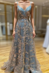 Charming V-Necklinetulle Sequins Long Semi Formal Prom Dress, V-Neck Backless Formal Dress