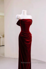 Charming Wine Red Mermaid Off Shoulder Velvet Formal Dress, Wine Red Long Semi Formal Prom Dress
