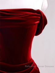 Charming Wine Red Mermaid Off Shoulder Velvet Formal Dress, Wine Red Long Semi Formal Prom Dress