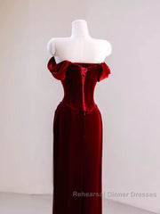 Charming Wine Red Mermaid Off Shoulder Velvet Formal Dress, Wine Red Long Semi Formal Prom Dress