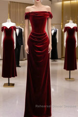 Charming Wine Red Mermaid Off Shoulder Velvet Formal Dress, Wine Red Long Semi Formal Prom Dress