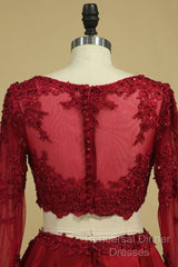 Cheap Burgundy Two-Piece Semi Formal Prom Dresses A Line Satin Lace Applique