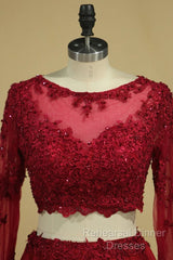 Cheap Burgundy Two-Piece Semi Formal Prom Dresses A Line Satin Lace Applique