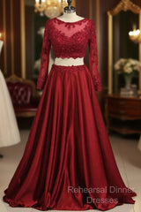 Cheap Burgundy Two-Piece Semi Formal Prom Dresses A Line Satin Lace Applique