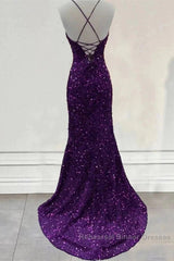 Cheap Dark Purple Semi Formal Prom Dress Sequin Mermaid Formal Evening Dress Split