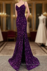 Cheap Dark Purple Semi Formal Prom Dress Sequin Mermaid Formal Evening Dress Split