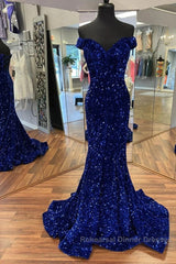 Cheap Long Formal Dress Royal Blue Semi Formal Prom Dress Sequins Mermaid