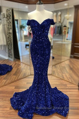 Cheap Long Formal Dress Royal Blue Semi Formal Prom Dress Sequins Mermaid