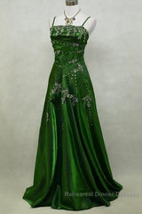 Chic A Line Spaghetti Straps Green Satin Evening Dress Long Semi Formal Prom Dresses