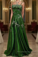 Chic A Line Spaghetti Straps Green Satin Evening Dress Long Semi Formal Prom Dresses