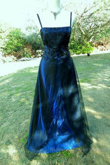 Chic A Line Spaghetti Straps Navy Blue Tulle Evening Dress Long Semi Formal Prom Dresses
