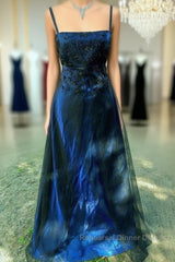 Chic A Line Spaghetti Straps Navy Blue Tulle Evening Dress Long Semi Formal Prom Dresses