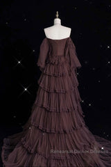Chic Ball Gown Off The Shoulder Long Sleeves Evening Dress Tulle Long Semi Formal Prom Dresses