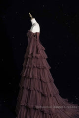 Chic Ball Gown Off The Shoulder Long Sleeves Evening Dress Tulle Long Semi Formal Prom Dresses