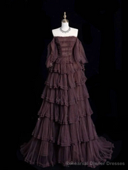 Chic Ball Gown Off The Shoulder Long Sleeves Evening Dress Tulle Long Prom Dresses