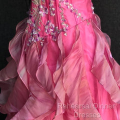 Chic Ball Gown Spaghetti Straps Pink Satin Evening Dress Long Semi Formal Prom Dresses With Embroidered