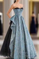 Chic Blue Strapless Long Semi Formal Prom Dress Fairy Evening Dress
