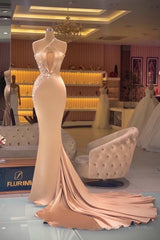 Chic Champagne Sleeveless Mermaid Prom Dresses Long Evening Gowns