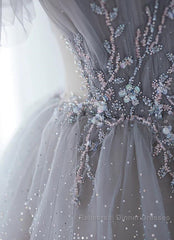 Chic Grey Beaded Layers Tulle Long Formal Dress, Grey Off Shoulder Semi Formal Prom Dress