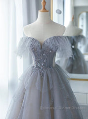 Chic Grey Beaded Layers Tulle Long Formal Dress, Grey Off Shoulder Semi Formal Prom Dress