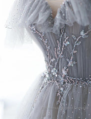 Chic Grey Beaded Layers Tulle Long Formal Dress, Grey Off Shoulder Semi Formal Prom Dress
