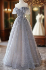 Chic Grey Beaded Layers Tulle Long Formal Dress, Grey Off Shoulder Semi Formal Prom Dress