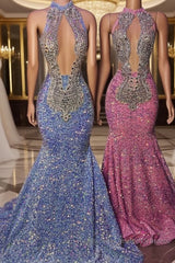 Chic Halter Sleeveless Mermaid Semi Formal Prom Dresses With Beading
