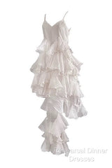 Chic High Low Spaghetti Straps Semi Formal Prom Dresses Birthday Dress With Ruffles