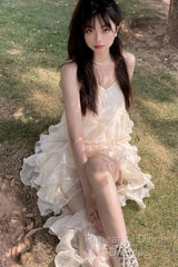 Chic High Low Spaghetti Straps Semi Formal Prom Dresses Birthday Dress With Ruffles