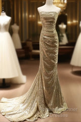 Chic Sequins Mermaid Scoop Long Formal Dress, Gold Long Semi Formal Prom Dress Party Dress