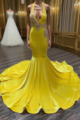 Chic Sleeveless Halter Backless Mermaid Semi Formal Prom Dresses