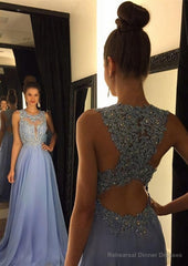 Chiffon Prom Dresses A-Line/Princess Scoop Neck Sweep Train With Appliqued Beaded