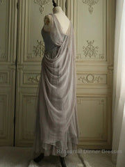 Chiffon Spaghetti Straps Transparent Beads Sweetheart Neck Grey Long Semi Formal Prom Dress